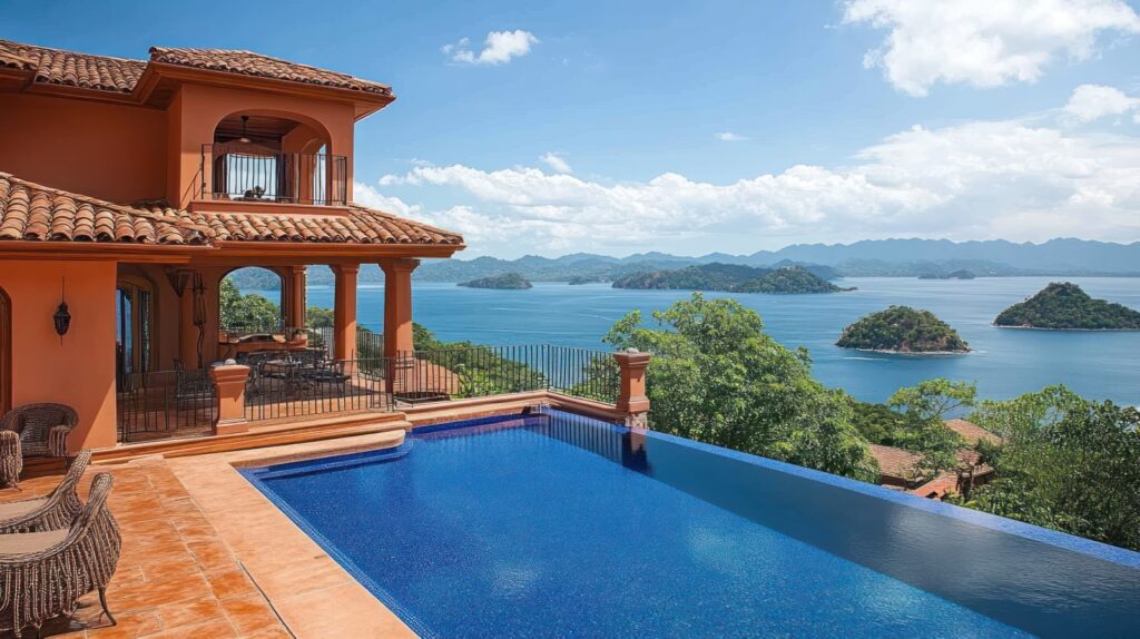 high end home with a pool with a large body of water in the background