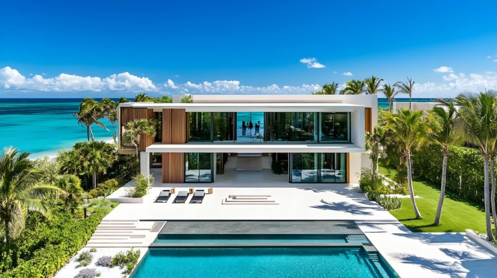 a pool and a house with a blue sky